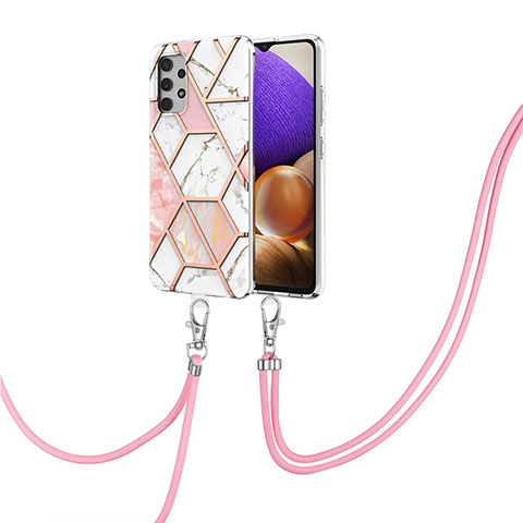 Custodia Silicone Gel Morbida Fantasia Modello Cover con Cinghia Cordino Mano Y01B per Samsung Galaxy M32 5G Rosa
