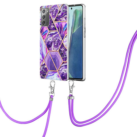 Custodia Silicone Gel Morbida Fantasia Modello Cover con Cinghia Cordino Mano Y01B per Samsung Galaxy Note 20 5G Viola