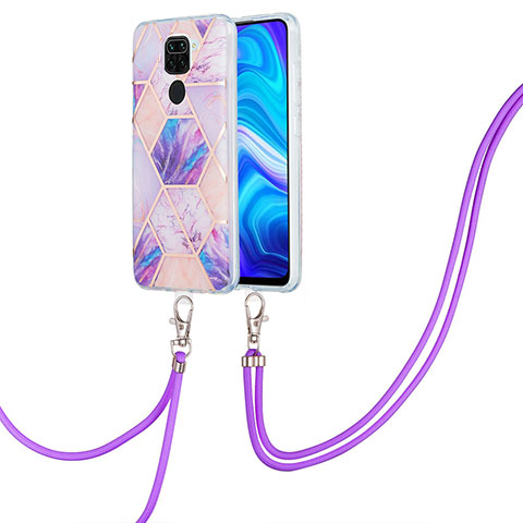 Custodia Silicone Gel Morbida Fantasia Modello Cover con Cinghia Cordino Mano Y01B per Xiaomi Redmi Note 9 Lavanda