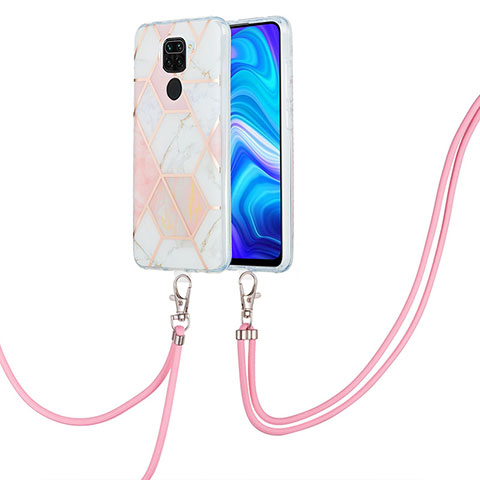 Custodia Silicone Gel Morbida Fantasia Modello Cover con Cinghia Cordino Mano Y01B per Xiaomi Redmi Note 9 Rosa