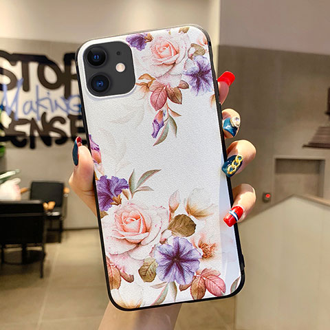 Custodia Silicone Gel Morbida Fiori Cover H04 per Apple iPhone 11 Bianco