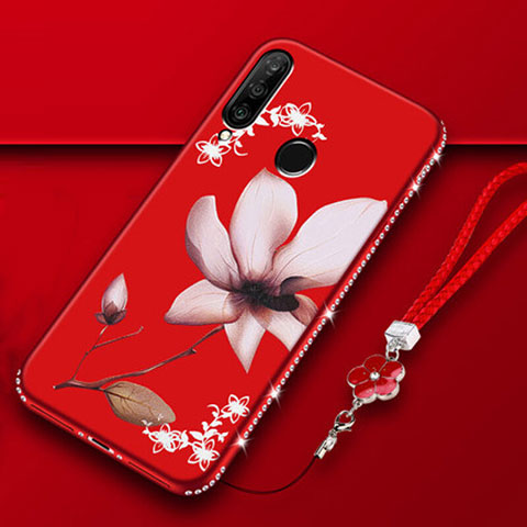 Custodia Silicone Gel Morbida Fiori Cover K01 per Huawei P30 Lite New Edition Rosso