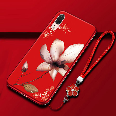 Custodia Silicone Gel Morbida Fiori Cover K03 per Huawei P20 Rosso Rosa