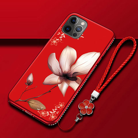 Custodia Silicone Gel Morbida Fiori Cover per Apple iPhone 12 Pro Max Rosso Rosa