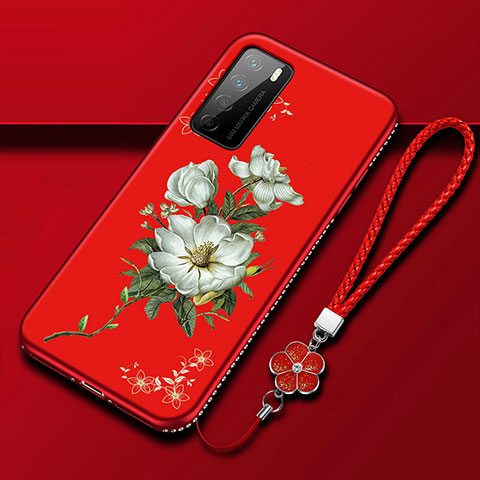 Custodia Silicone Gel Morbida Fiori Cover per Huawei Honor Play4 5G Rosso