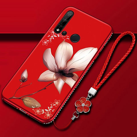Custodia Silicone Gel Morbida Fiori Cover per Huawei Nova 5i Rosso Rosa