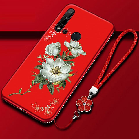 Custodia Silicone Gel Morbida Fiori Cover per Huawei P20 Lite (2019) Rosso