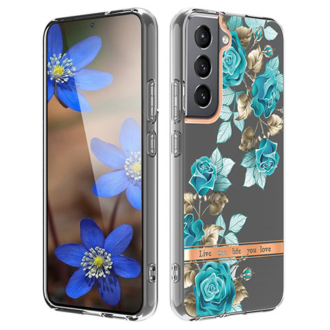 Custodia Silicone Gel Morbida Fiori Cover per Samsung Galaxy S21 Plus 5G Ciano