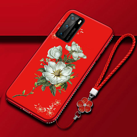 Custodia Silicone Gel Morbida Fiori Cover S01 per Huawei P40 Rosso