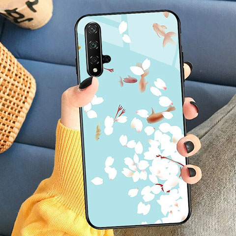 Custodia Silicone Laterale Fiori Specchio Cover per Huawei Nova 5T Ciano