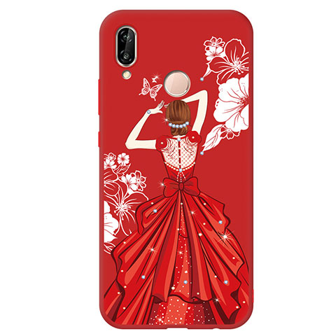 Custodia Silicone Morbida Abito Ragazza Cover per Huawei P20 Lite Rosso