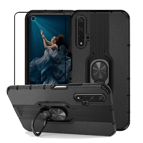 Custodia Silicone Morbida In Pelle Cover con Magnetico Anello Supporto K01 per Huawei Honor 20 Nero