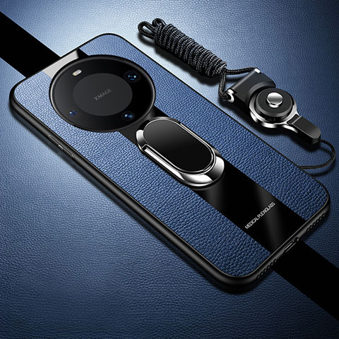 Custodia Silicone Morbida In Pelle Cover con Magnetico Anello Supporto PB1 per Huawei Mate 60 Pro+ Plus Blu