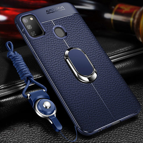 Custodia Silicone Morbida In Pelle Cover con Magnetico Anello Supporto per Samsung Galaxy M21 Blu
