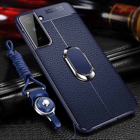 Custodia Silicone Morbida In Pelle Cover con Magnetico Anello Supporto per Samsung Galaxy S21 5G Blu