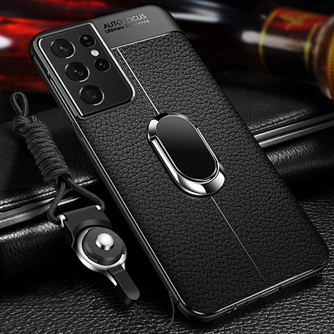 Custodia Silicone Morbida In Pelle Cover con Magnetico Anello Supporto per Samsung Galaxy S21 Ultra 5G Nero