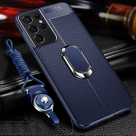 Custodia Silicone Morbida In Pelle Cover con Magnetico Anello Supporto per Samsung Galaxy S22 Ultra 5G Blu