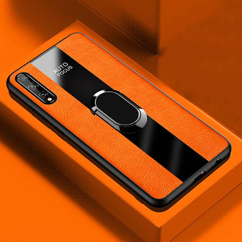 Custodia Silicone Morbida In Pelle Cover con Magnetico Anello Supporto S01 per Huawei Y8p Arancione