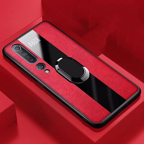 Custodia Silicone Morbida In Pelle Cover con Magnetico Anello Supporto S01 per Xiaomi Mi 10 Rosso