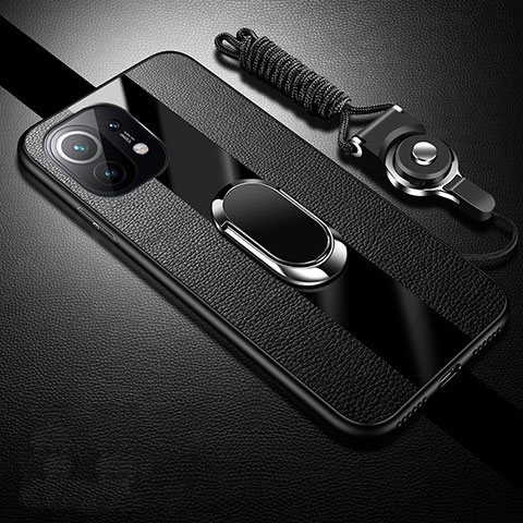 Custodia Silicone Morbida In Pelle Cover con Magnetico Anello Supporto S01 per Xiaomi Mi 11 5G Nero