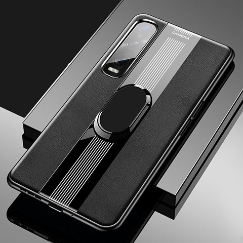 Custodia Silicone Morbida In Pelle Cover con Magnetico Anello Supporto S02 per Oppo Find X2 Pro Nero