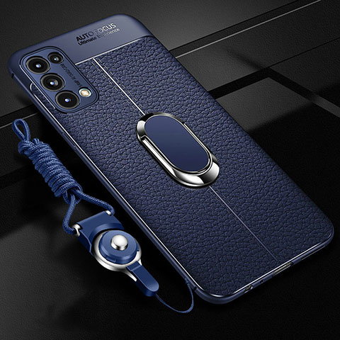 Custodia Silicone Morbida In Pelle Cover con Magnetico Anello Supporto S02 per Oppo Reno5 5G Blu