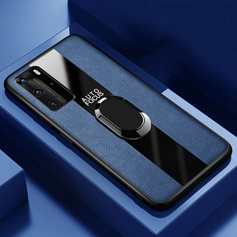 Custodia Silicone Morbida In Pelle Cover con Magnetico Anello Supporto S03 per Huawei P40 Pro Blu