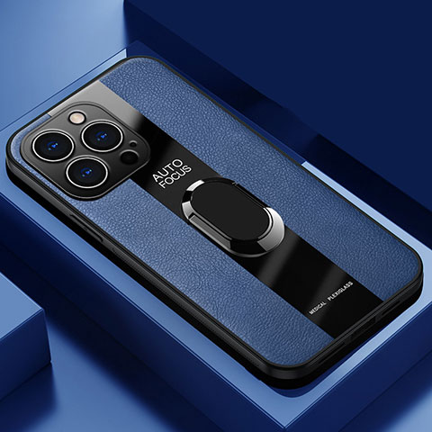 Custodia Silicone Morbida In Pelle Cover con Magnetico Anello Supporto S04 per Apple iPhone 13 Pro Max Blu