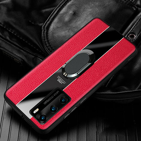 Custodia Silicone Morbida In Pelle Cover con Magnetico Anello Supporto S04 per Huawei P40 Rosso