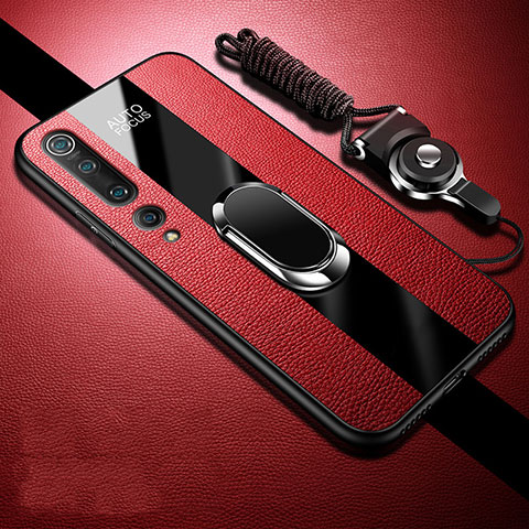 Custodia Silicone Morbida In Pelle Cover con Magnetico Anello Supporto S07 per Xiaomi Mi 10 Rosso