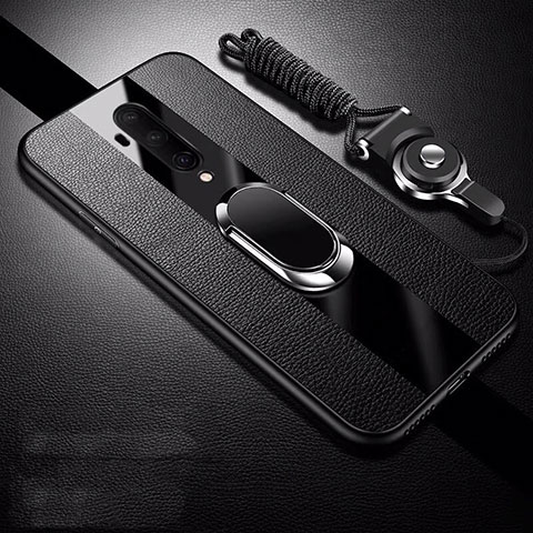 Custodia Silicone Morbida In Pelle Cover con Magnetico Anello Supporto T01 per OnePlus 7T Pro Nero