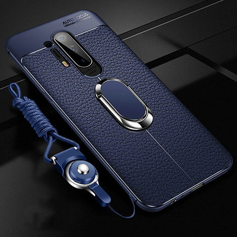 Custodia Silicone Morbida In Pelle Cover con Magnetico Anello Supporto T01 per OnePlus 8 Pro Blu