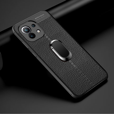 Custodia Silicone Morbida In Pelle Cover con Magnetico Anello Supporto T01 per Xiaomi Mi 11 5G Nero