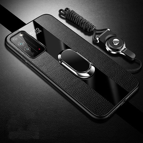 Custodia Silicone Morbida In Pelle Cover con Magnetico Anello Supporto T02 per Huawei Honor X10 5G Nero