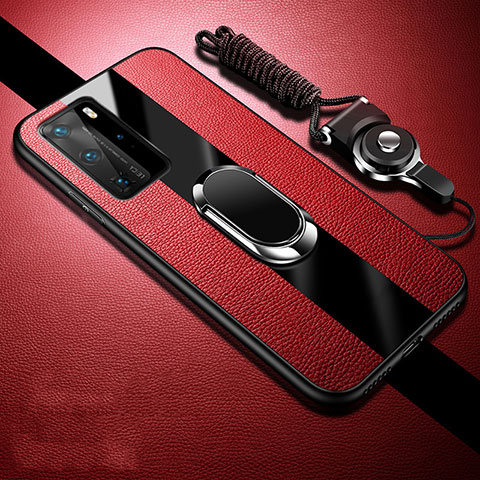 Custodia Silicone Morbida In Pelle Cover con Magnetico Anello Supporto T02 per Huawei P40 Pro Rosso