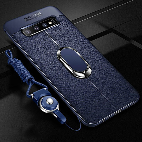 Custodia Silicone Morbida In Pelle Cover con Magnetico Anello Supporto T02 per Samsung Galaxy S10 5G Blu