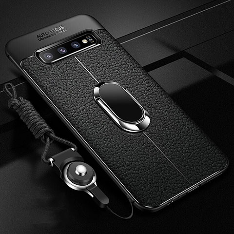 Custodia Silicone Morbida In Pelle Cover con Magnetico Anello Supporto T02 per Samsung Galaxy S10 Nero