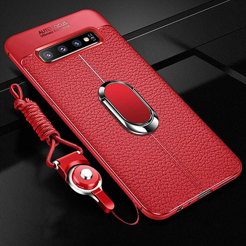 Custodia Silicone Morbida In Pelle Cover con Magnetico Anello Supporto T02 per Samsung Galaxy S10 Rosso