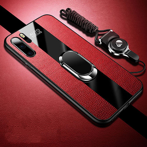 Custodia Silicone Morbida In Pelle Cover con Magnetico Anello Supporto T03 per Huawei P30 Pro New Edition Rosso