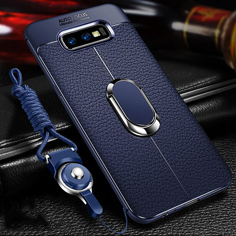 Custodia Silicone Morbida In Pelle Cover con Magnetico Anello Supporto T03 per Samsung Galaxy S10e Blu