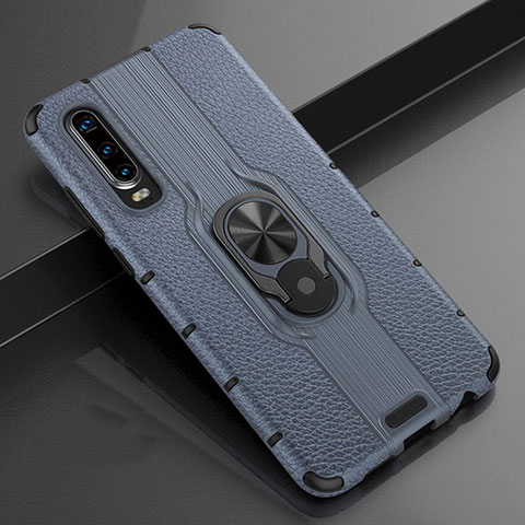 Custodia Silicone Morbida In Pelle Cover con Magnetico Anello Supporto T04 per Huawei P30 Blu