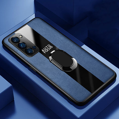 Custodia Silicone Morbida In Pelle Cover con Magnetico Anello Supporto T05 per Oppo Reno4 Pro 5G Blu