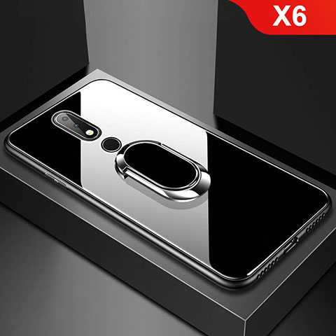 Custodia Silicone Specchio Laterale Cover con Anello Supporto per Nokia X6 Nero