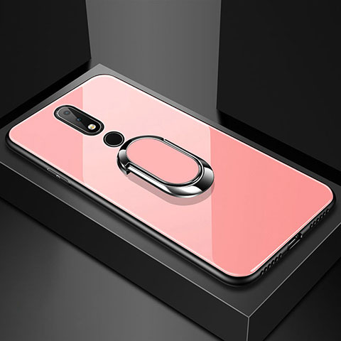 Custodia Silicone Specchio Laterale Cover con Anello Supporto per Nokia X6 Oro Rosa