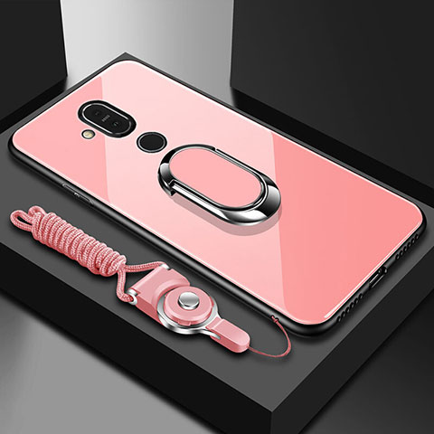 Custodia Silicone Specchio Laterale Cover con Anello Supporto per Nokia X7 Oro Rosa