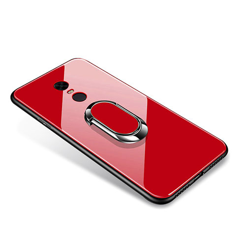 Custodia Silicone Specchio Laterale Cover con Anello Supporto per Xiaomi Redmi 5 Plus Rosso
