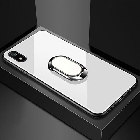 Custodia Silicone Specchio Laterale Cover con Magnetico Anello Supporto A01 per Xiaomi Redmi 7A Bianco