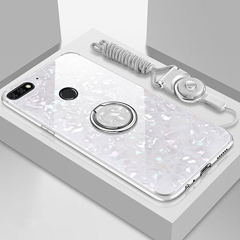 Custodia Silicone Specchio Laterale Cover con Magnetico Anello Supporto M01 per Huawei Enjoy 8e Bianco