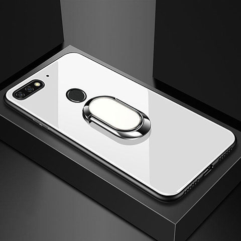 Custodia Silicone Specchio Laterale Cover con Magnetico Anello Supporto per Huawei Honor 7A Bianco