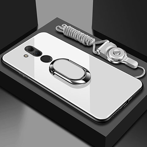 Custodia Silicone Specchio Laterale Cover con Magnetico Anello Supporto per Huawei Mate 20 Lite Bianco